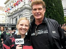 Hasselhoff with journalist Irina Slutsky promoting social networking venture HoffSpace.