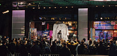 David Blaine encased in a block of ice for Frozen in Time in Times Square, New York.