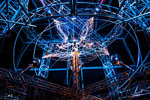 David Blaine was the target for the electrical discharge produced by seven Tesla coils on Pier 54, New York City.