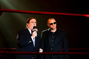 McGuinness (right) with his Ring of Honor Wrestling broadcast partner Kevin Kelly in August 2011.